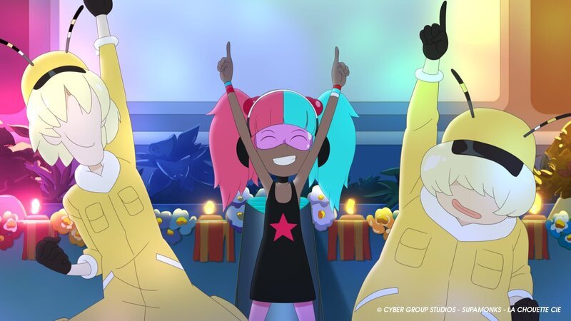 Nach dem Rennen ist Zeit für Party: Buzz (l.) und Fuzz (r) von Team Bees sowie Debbie von Team Starfish. – Bild: WDR/​2021 Cyber Group Studios