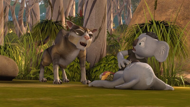 Blinky, Jacko und ein fremder Koala werden von Sir Charles gejagt. – Bild: Studio 100 Media /​ Flying Bark