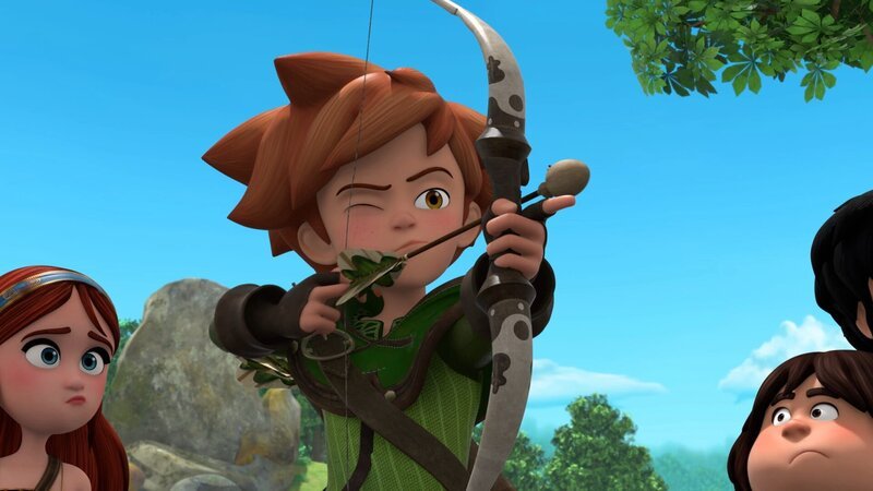 Robin (M.) versucht, den wild gewordenen Drachen Derke zu betäuben. – Bild: Method Animation /​ ZDF /​ ZDF Studios /​ KidsMe