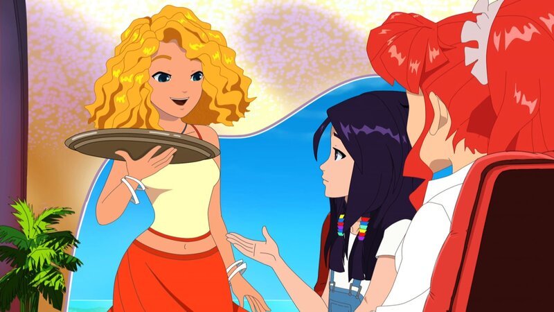 Emma jobbt in der Juicy Bar als Kellnerin und bedient ihre Freundinnen Cleo und Rikki. – Bild: ZDF/​Les Cartooneurs Associés