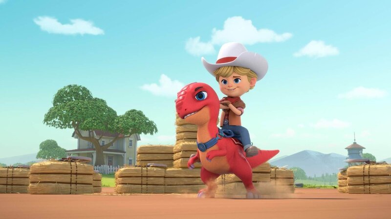 Jon will um jeden Preis verhindern, dass Klara den Wettbewerb gewinnt. Die Dino-Ranchers und das Tinhorn-Trio sind gleich auf. Jetzt entscheidet der Hindernislauf, wer der Sieger sein wird. – Bild: Boat Rocker Rights