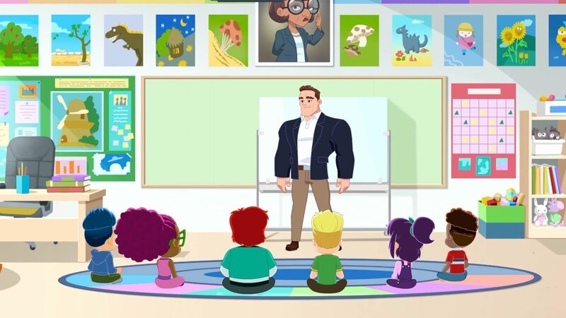 Arnold Armstrong trifft die Kinder. – Bild: Genius Brands International, Inc. & Telegael Teoranta.