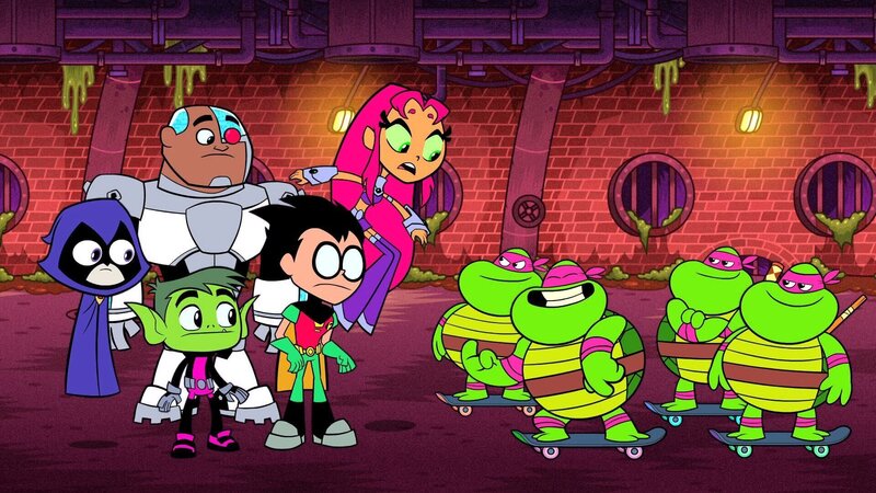 v.li.: Raven, Cyborg, Beast Boy, Robin, Starfire, Teenage Mutant Ninja Turtles – Bild: Cartoon Network