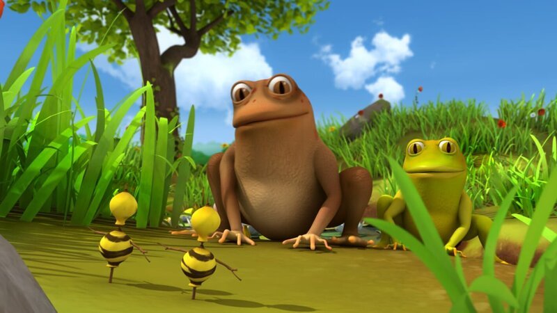 Die zwei hungrigen Frösche sehen überall nur noch Bienen. – Bild: ZDF/​Studio100 Animation