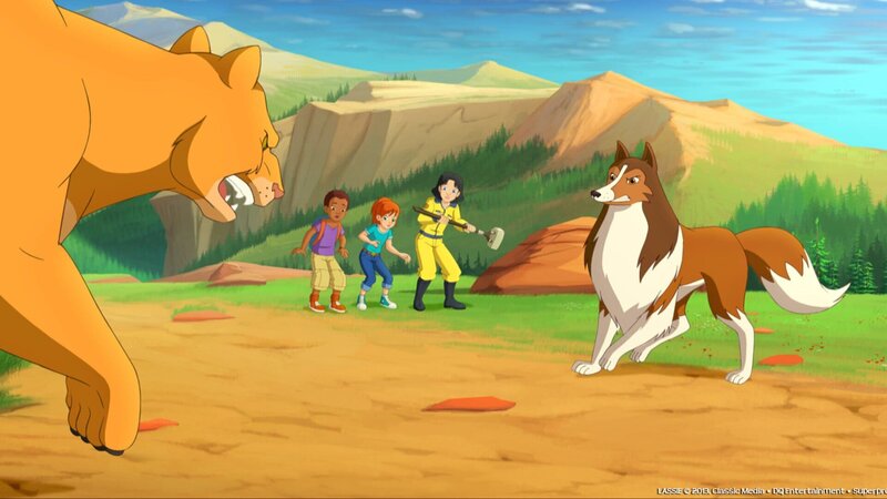 Lassie verteidigt Harvey, Zoé und Kim vor dem gefährlichen Berglöwen. – Bild: ZDF und DQ Entertainment