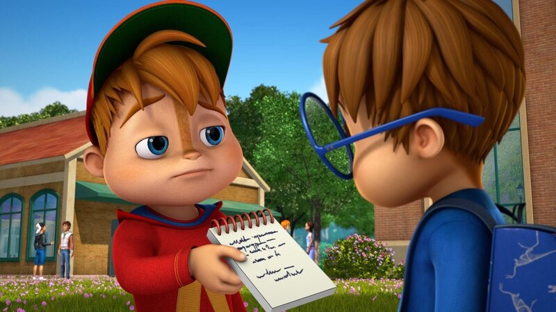 Alvin möchte seinem Bruder Simon (r.) dabei helfen, in der Schülerzeitung aufgenommen zu werden. Deswegen spielt er ihm interessante Fakten über die Lehrerin Frau Smith zu.  +++ – Bild: SUPER RTL /​ Der zweite Dave