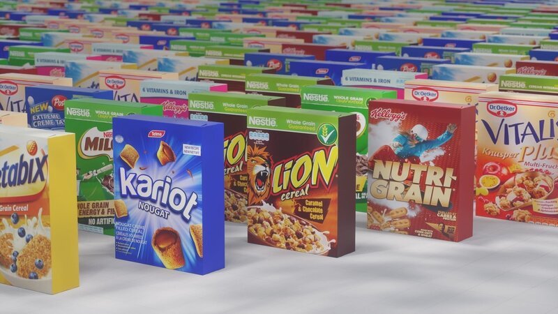 Diese und viele andere bekannte Müsli-Marken landen jeden Tag weltweit auf dem Frühstückstisch. – Bild: ZDF und DBcom Media/​DBC2