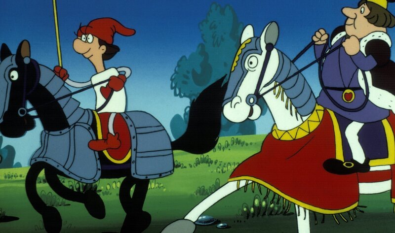 „Alice im Wunderland“, „Das Ei auf der Mauer.“ Humpty Dumpty wäre beinahe von der Mauer gefallen. Seine Krawatte hat sich in einen Ast verfangen. Doch der sture Eierkopf lehnt jede Hilfe ab, die nicht vom Herzkönig kommt. Im Bild: Der Herzkönig eilt zu Humpty Dumpty, er hat seinem Freund zugesagt, ihm in jeder Notlage beizustehen, und dieses Versprechen will er nun einlösen. – Bild: ORF