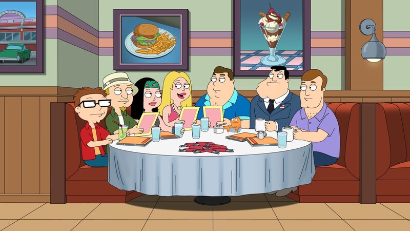 v.li.: Steve, Jeff, Hayley, Francine, Tuttle, Klaus, Stan, Greg – Bild: Paramount