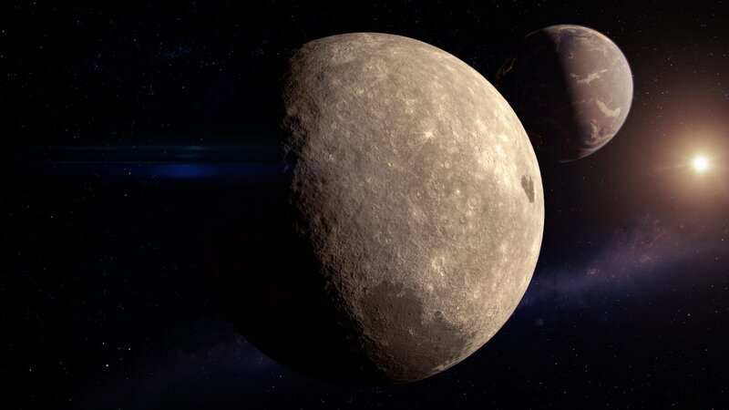 Die Rückseite des modernen Mondes, mit Erde und Sonne im Hintergrund. – Bild: Discovery Channel