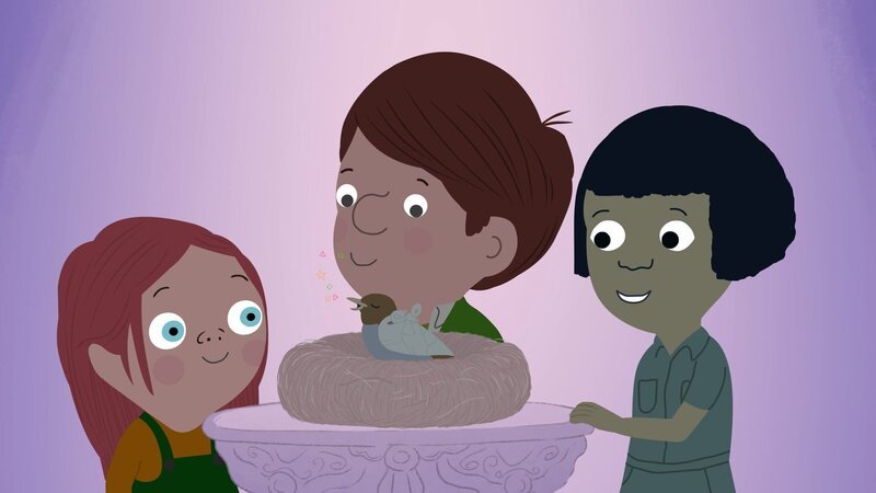 Valerie, Jimmy und Fenja versuchen alles, um ein kleines, verletztes Vögelchen zum Singen zu bringen. – Bild: KiKA/​Igloo Productions Ltd