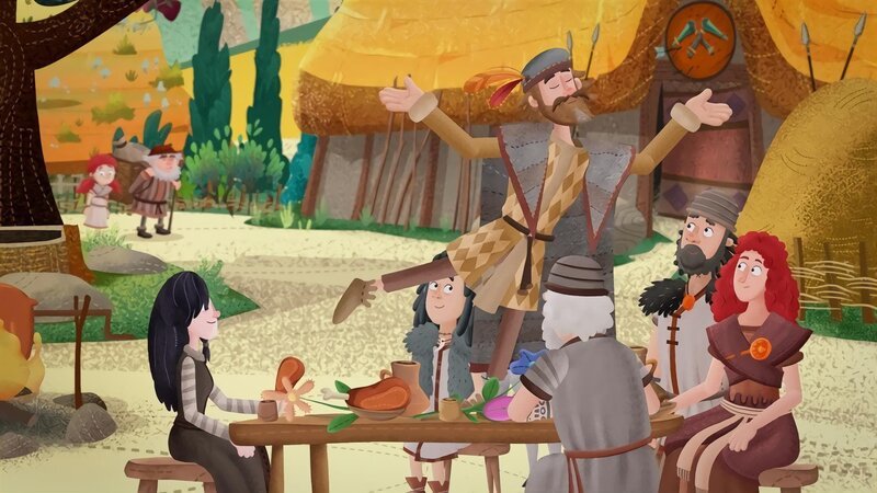 Als Leva mit Sebo auf den Dorfplatz kommt, tanzt ein Fremder auf dem Tisch. – Bild: KiKA/​Mideu Films/​MDR/​hr/​BR/​SWR/​WDR