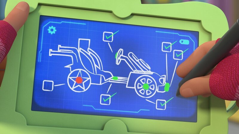 Anhand einer Checkliste überprüft Bitz, was mit Bobs Gokart los sein könnte. – Bild: KiKA/​BBC/​Boat Rocker Rights Inc. MMXVIII