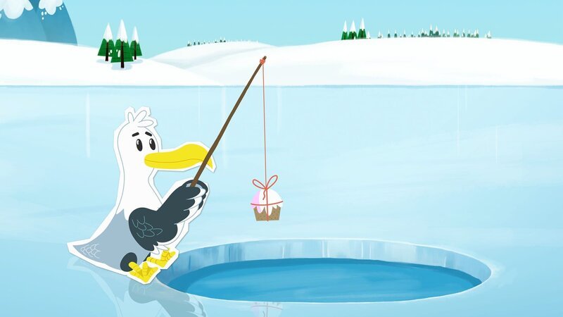 Die Pinguindame Lissy versucht, die Fische mit einem leckeren Kuchen zu ködern. – Bild: ZDF/​JEP Animation