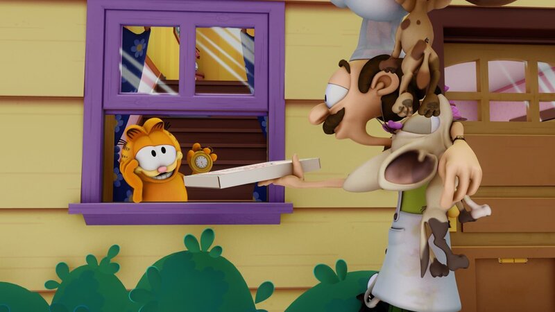 Wenn Vito nicht innerhalb von 20 Minuten liefert, geht die Pizza auf’s Haus. Seltsamerweise will ihm das bei Garfield einfach nicht gelingen … – Bild: HR/​DARGAUD MEDIA
