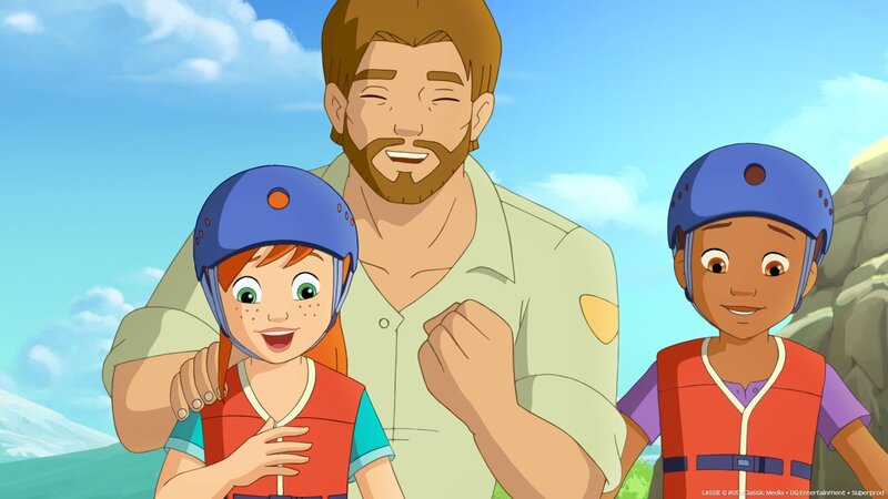 Ranger Graham, Zoé und Harvey sind total glücklich dass Hündin Lassie wieder unversehrt aus den Fluten aufgetaucht ist. – Bild: ZDF und Lassie