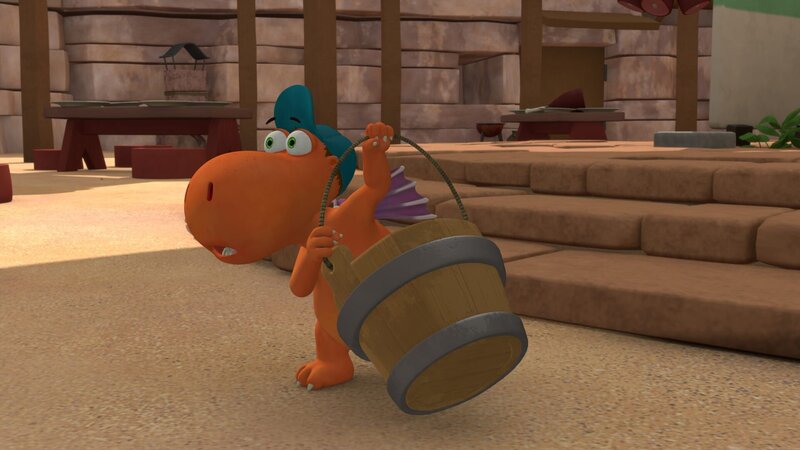 Kokosnuss muss Wasser aus dem Brunnen der Fressdrachen holen. – Bild: ZDF/​Caligari