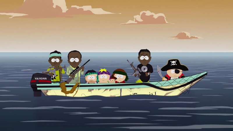 Kevin (3.v.l.), Butters (4.v.l.), Ike (4.v.r.), Clyde (3.v.r.), Eric (r.) – Bild: ViacomCBS