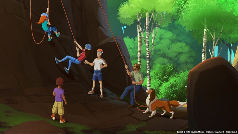 Zoé, ihr Vater Ranger Graham, Harvey und Lassie befreien Kletterer aus deren ausweglosen Situation. – Bild: ZDF/​Lassie, Classic Media, DQ Entertainment, Superprod.