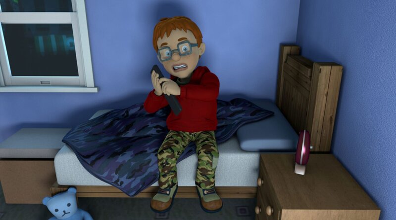 Norman schaut sich einen super gruseligen Zombiefilm an. – Bild: KiKA/​Prism Art & Design Limited