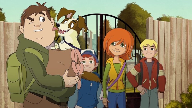 Das sind die 4 1/​2 Freunde in ihrem Hauptquartier, dem Schrebergarten. Hier steht auch Dandys Hundehütte. Fred (li.) ist Dandys bester Freund. Radieschen, Steffi und Kalle freuen sich, dass Dandy sich so sehr über die Würstchen freut. – Bild: ZDF/​Edebé Audiovisual/​B-Water/​CCMA/​RTVE