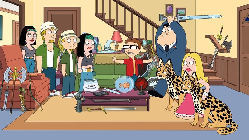 Jeff (3.v.l.), Hayley (4.v.l.), Klaus (m.), Steve (5.v.r), Stan (3.v.r.), Francine (2.v.r.) – Bild: Paramount