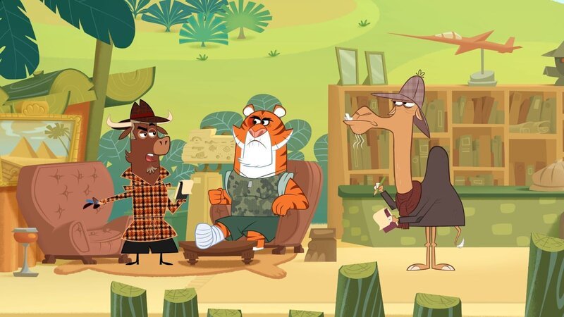 Sherlock Yack und Dromedar befragen abwechselnd den verletzten Tiger. – Bild: ZDF/​Mondo TV