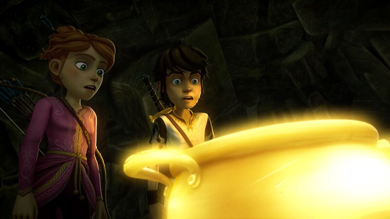 Arthur und Guinevere staunen: Die Suppe im Zauberkessel füllt sich von selbst wieder auf. – Bild: SWR/​Blue Spirit Productions/​TéléTOON+/​Canal+