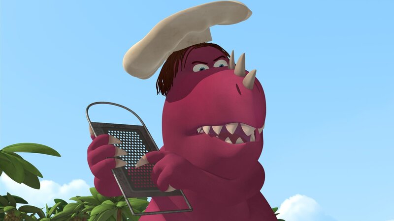 Was will der Chef bloß mit der Küchenreibe von Kälbchen Steaky? – Bild: ZDF/​Caligari