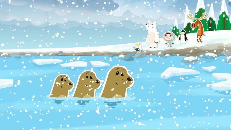 Sascha spielt mit zwei anderen Seehunden im Wasser. Dabei ist es ihnen wirklich ganz egal, woraus Schneeflocken bestehen oder woher sie kommen. – Bild: ZDF/​JEP Animation