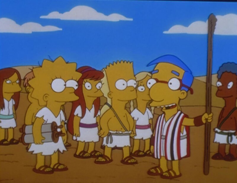 Als Moses führt Milhouse (2.v.re.) Lisa (2.v.li.) und Bart (Mi.) durch das Rote Meer. – Bild: PR7; ProSieben Media AG