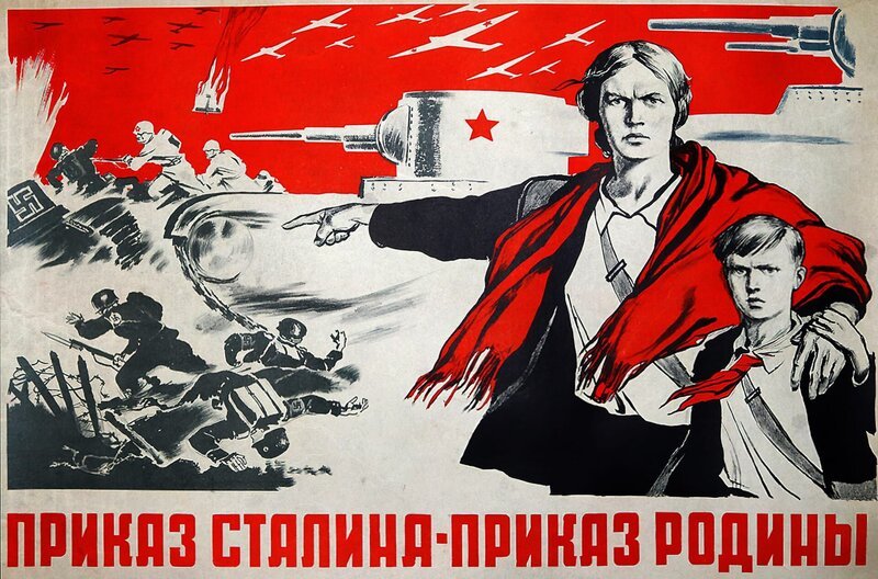 „Im Auftrag Stalins! Im Auftrag der Heimat!“: Propaganda-Plakat von 1942 während des deutsch-sowjetischen Kriegs, von sowjetischer Seite auch als „Großer Vaterländischer Krieg“ bezeichnet – Bild: MDR/​Galerie Bilderwelt