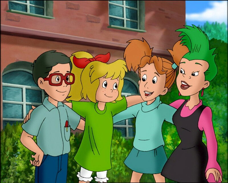 Mit vereinten Kräften haben es die vier Freunde Florian (l.), Bibi (2.v.l.), Marita (2.v.r.) und Schubia (r.) geschafft, die Gauner zu überlisten. – Bild: ZDF und Kiddinx Media AG