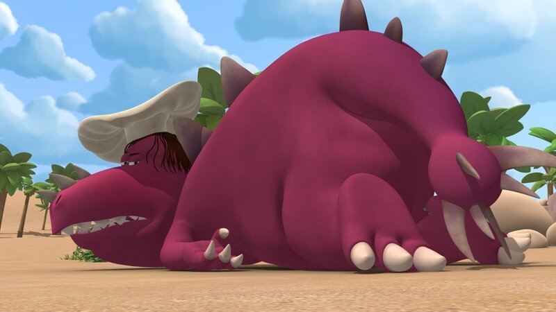 Auch einen ausgewachsenen Fressdrachen wie Chef haut es mal um. – Bild: ZDF/​Caligari