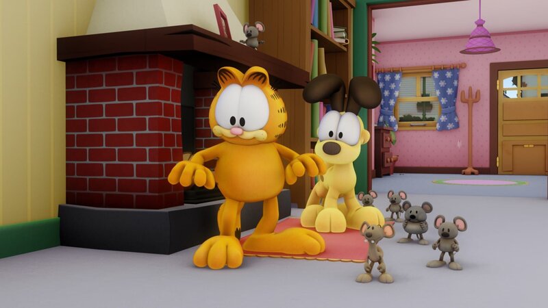 Garfield und Odie suchen vergeblich nach Squeak. Biff, ein Muskelprotz, der sich nichts sagen lässt, will erst verschwinden, wenn er Squeak wiedergesehen hat. – Bild: HR/​Dargaud Media/​MediaToon/​Paws Inc./​France 3