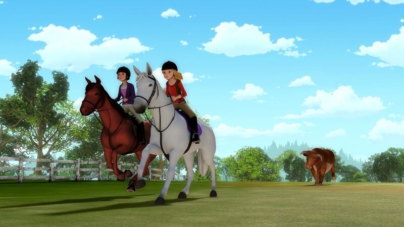 Tanja (li.) und Wendy (re.) sind bei einem Ausritt einem Stier begegnet. Nun können die beiden Mädchen zeigen, wie viel Mut und Vertrauen sie in sich und ihr Pferd haben. – Bild: ZDF/​Wendy and Associated Characters (c) WPL 2012