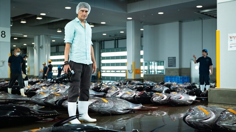 „Terra-X“-Moderator Uli Kunz auf dem Fischmarkt im japanischen Shiogama – versteigert wird hier der pazifische Blauflossenthunfisch, einer der teuersten Fische der Welt. – Bild: Lennard Rossenfeld