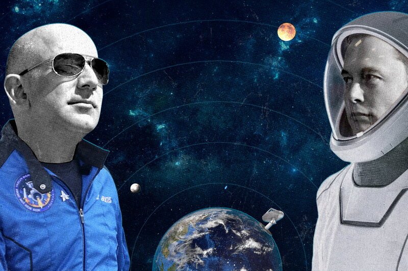 Musk vs Bezos – Krieg der Sterne. Jeff Bezos und Elon Musk, die beiden reichsten Männer der Welt, liefern sich einen erbitterten Wettlauf im Weltraum. – Bild: SRF/​Magnéto Presse