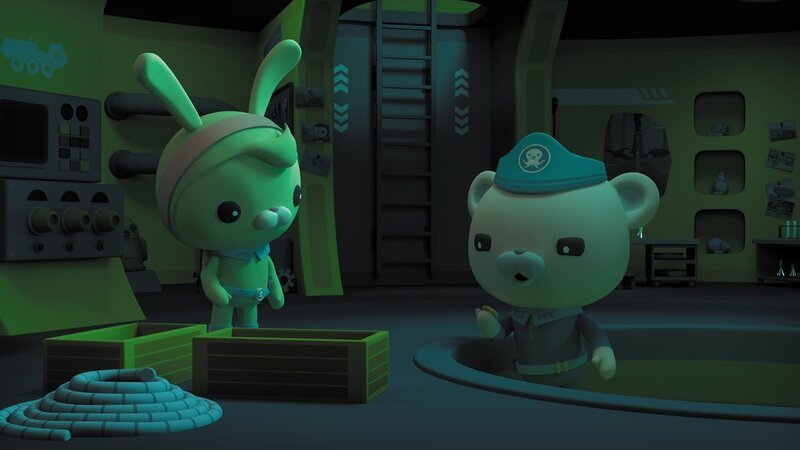 Trixie und Käpt’n Barnius bekommen ein Notruf von den anderen Oktonauten: Sie haben den verletzten Wurm gefunden, aber die hungrigen Raubtiere sind ihnen dicht auf den Versen. – Bild: VSP Ltd.