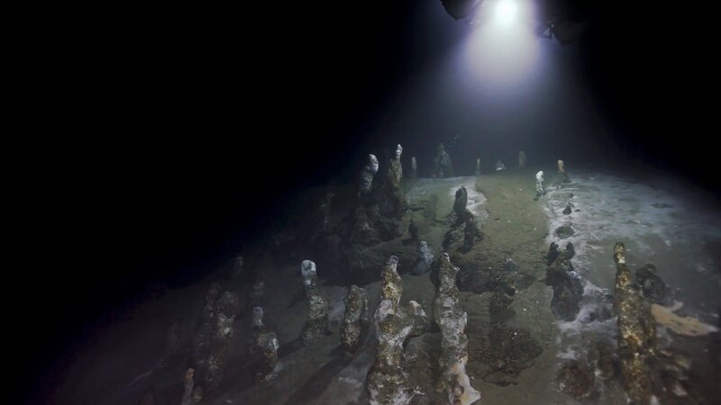Mikroorganismen errichten in der Tiefsee des Roten Meeres bizarre Schlote. – Bild: ZDF und NHK.