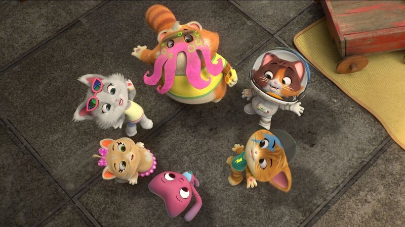 Die Buffycats bieten Astricat ihre Hilfe an: Vielleicht findet der Wissenschaftler Edison ein passendes Ersatzteil. – Bild: Rainbow S.r.l. /​ Katzen in Schwarz