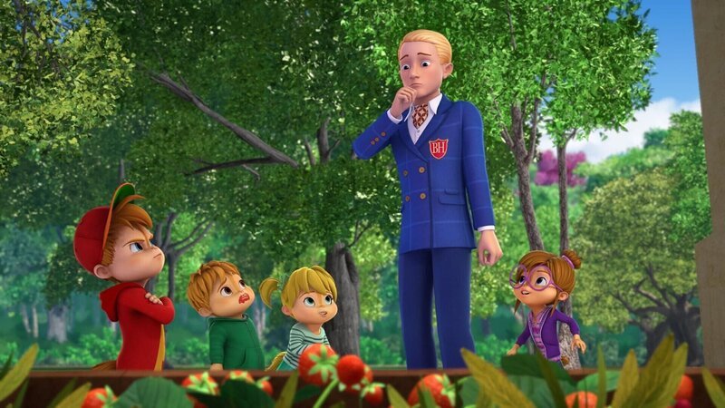 Bocarter (2.v.r.) kommt den Chipmunks in die Quere: Was hat er vor? Während Jeanette (r.) ihm stolz den Schulgarten zeigt, ist Alvin (l.) schon zu Beginn skeptisch. – Bild: TM & © Bagdasarian Productions, LLC.