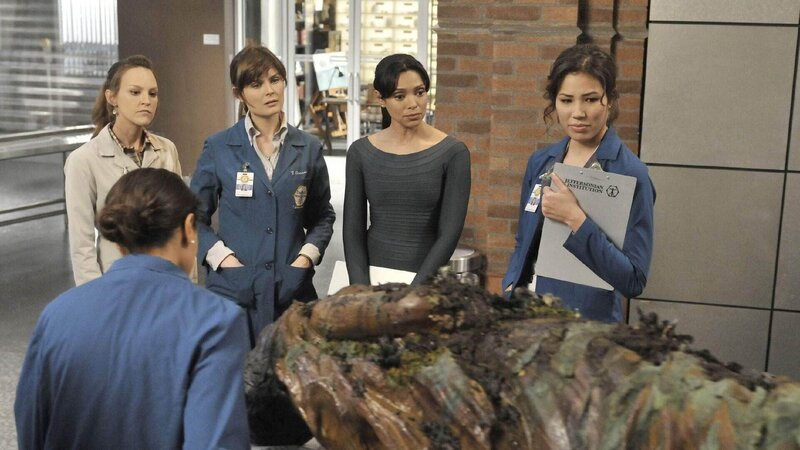 Brennan (Emily Deschanel, 2.v.l.) und das Jeffersonian Team (v.l.hinten: Carla Gallo, Tamara Taylor, Michaela Conlin) werden mit der Aufgabe betraut, die Überreste eines alten Sklavenschiffes zu identifieren und mit der Frachtliste abzugleichen. – Bild: TVNOW /​ FOX
