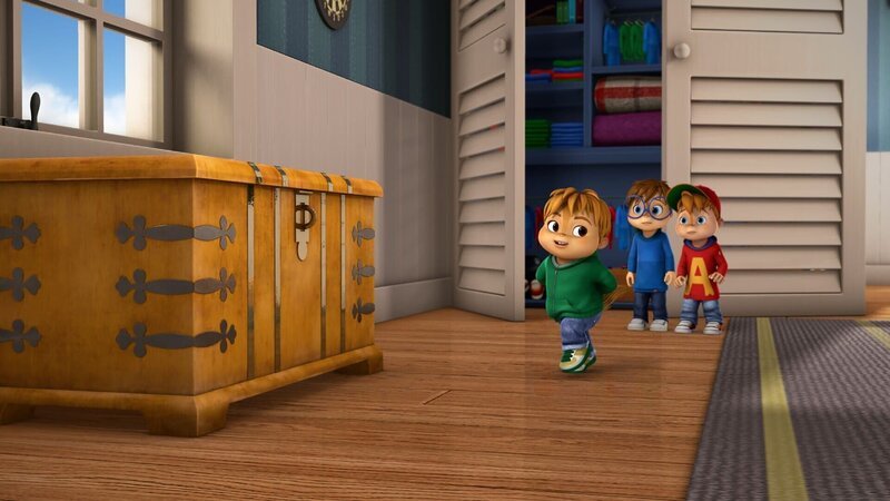 Theodore (vorne) verschweigt doch etwas, da sind sich Simon (hi.l.) und Alvin (hi.r.) sicher! Doch was ist es? – Bild: TM & © Bagdasarian Productions, LLC.