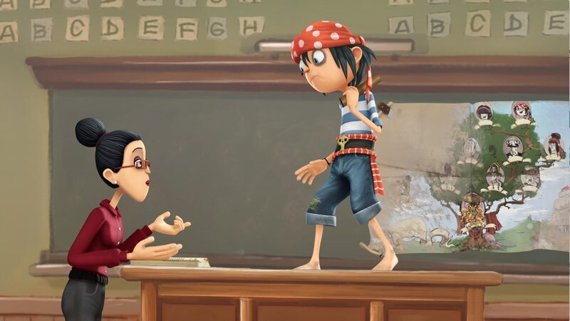 Jims Lehrerin Frau Grün hat etwas über Jims Vorfahren in der Stadtchronik gefunden. – Bild: WDR/​Cyber Group Studios /​ France Télévisions /​ Blue Spirit Studios /​ Sofitvcine 4