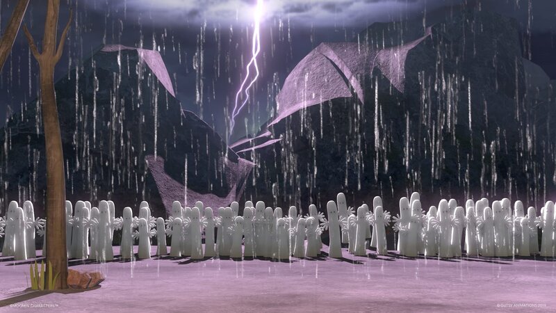 Die Hattifnatten versammeln sich zu einem seltsamen Ritual auf der Insel. – Bild: ZDF/​Moomin Characters/​Gutsy Animations