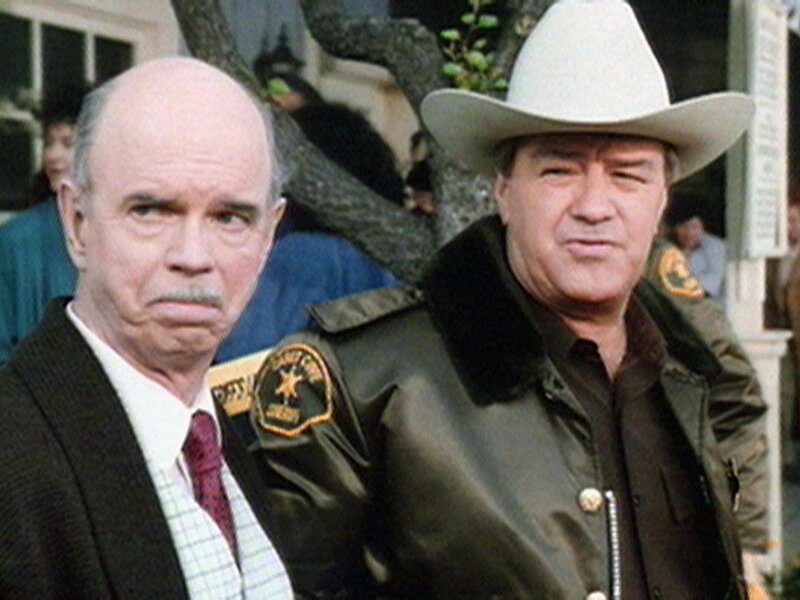 Sheriff Mort Metzger (Ron Masak) ermittelt bei Buchhändler Ellis Holgate (Jarvis Graham), dessen Schaufenster eingeschlagen wurde. – Bild: Warner TV Serie