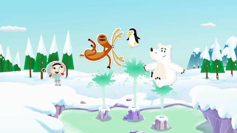 Während Grumpel, Lissy und Hubert auf den Wasserfontänen ihren Spaß haben, ist das Inui viel zu nass. Sie möchte lieber etwas machen, was alle vier Freunde gleich gut finden. – Bild: ZDF/​JEP Animation