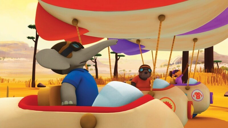 Badou, Munroe und Chiku in ihren Vollgas-Ballons kurz vor dem Start des großen Luftrennens. – Bild: KI.KA/​Nelvana Limited