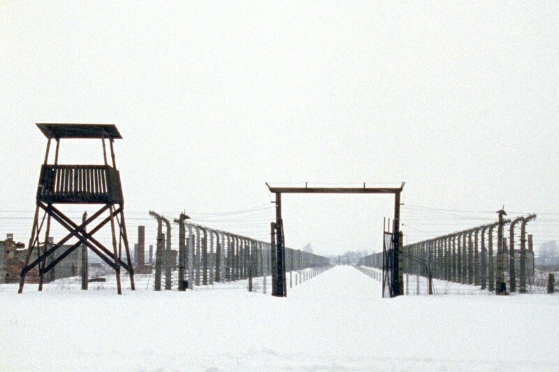 Einzäunung und Wachtturm im Vernichtungslager Auschwitz. – Bild: ZDF/​HR